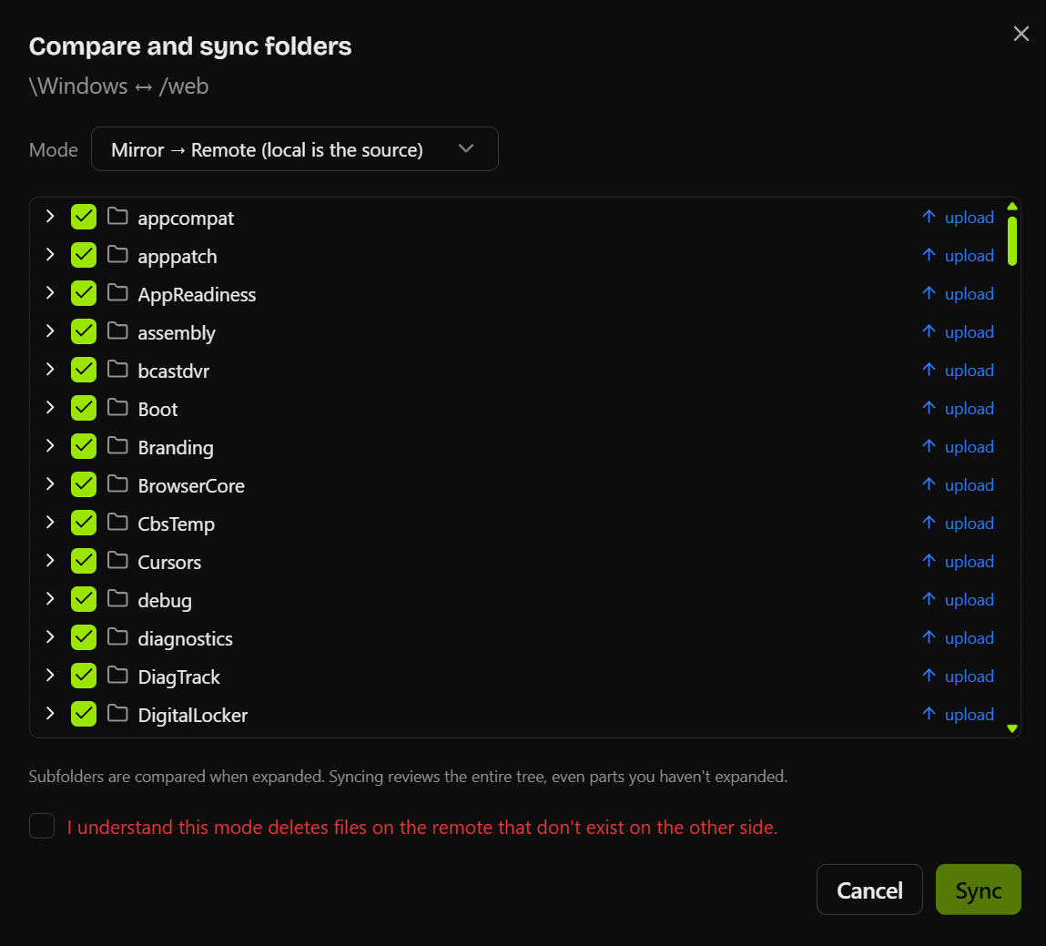 LimeFTP compare and sync folders dialog, set to mirror local to remote