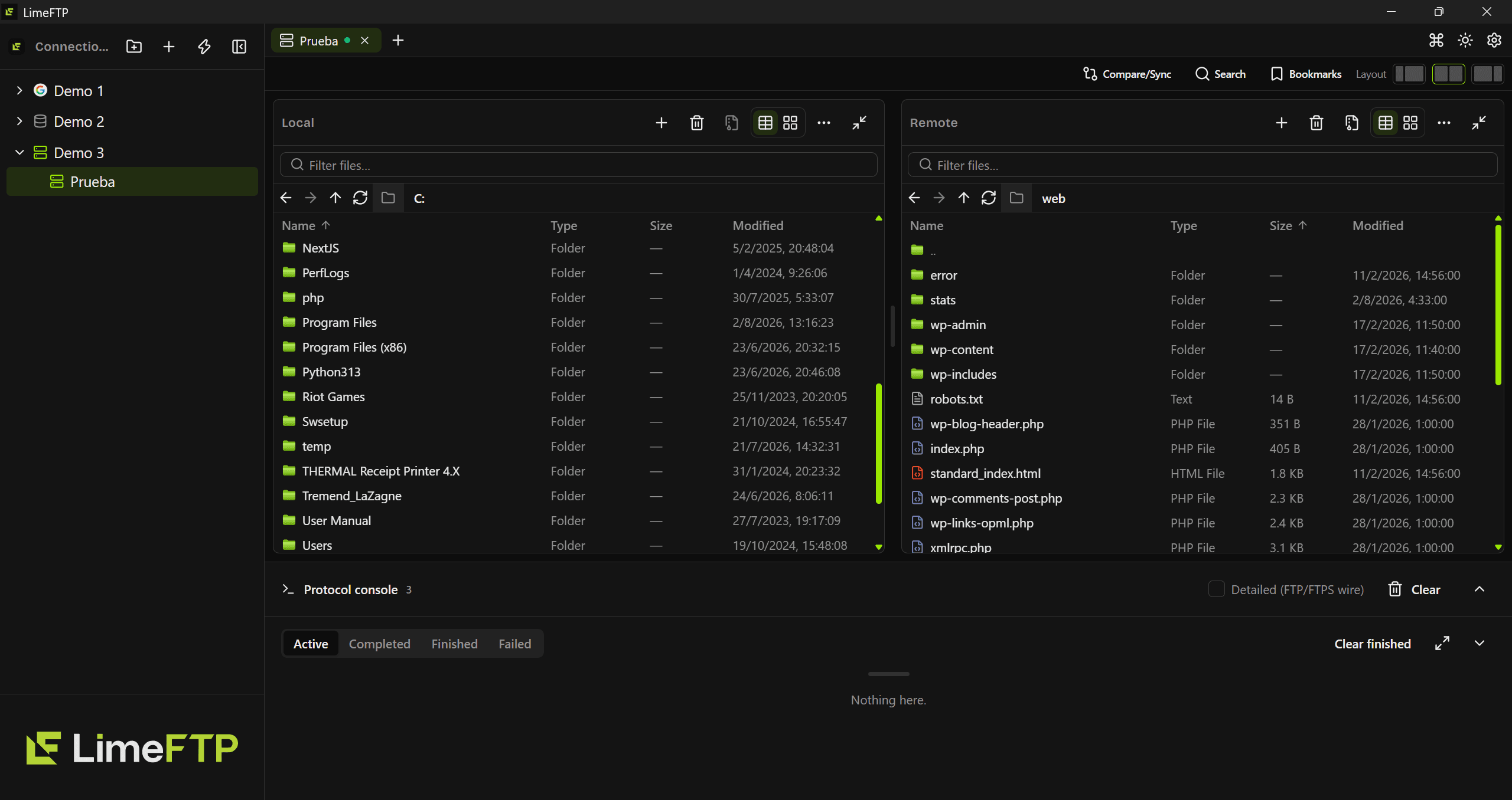 LimeFTP desktop app showing local and remote file browsers side by side